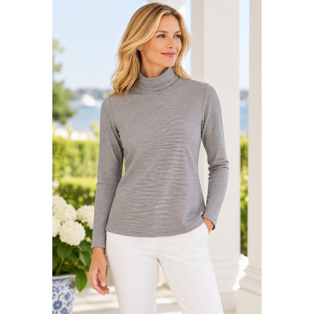 J. McLaughlin Catalina Cloth Turtleneck Top XL Gray White Stripe Long Sleeve